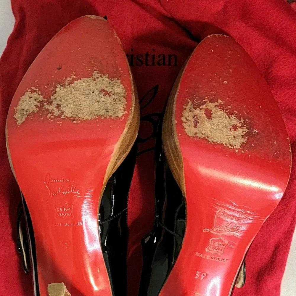 CHRISTIAN LOUBOUTIN Black Patent Leather Zeppa Mary Jane Peep Toe Pumps 39 - Picture 12 of 13